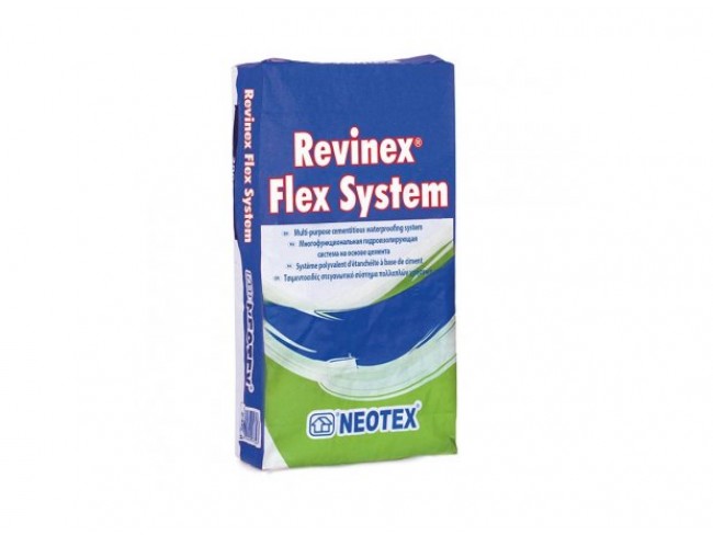 NEOTEX - Revinex Flex - 25kg - Κατάλληλο για εργασίες υγρομόνωσης σε επιφάνειες από σκυρόδεμα, τοιχοποιία, κάτω από πλακίδια και άλλα δομικά υποστρώματα.